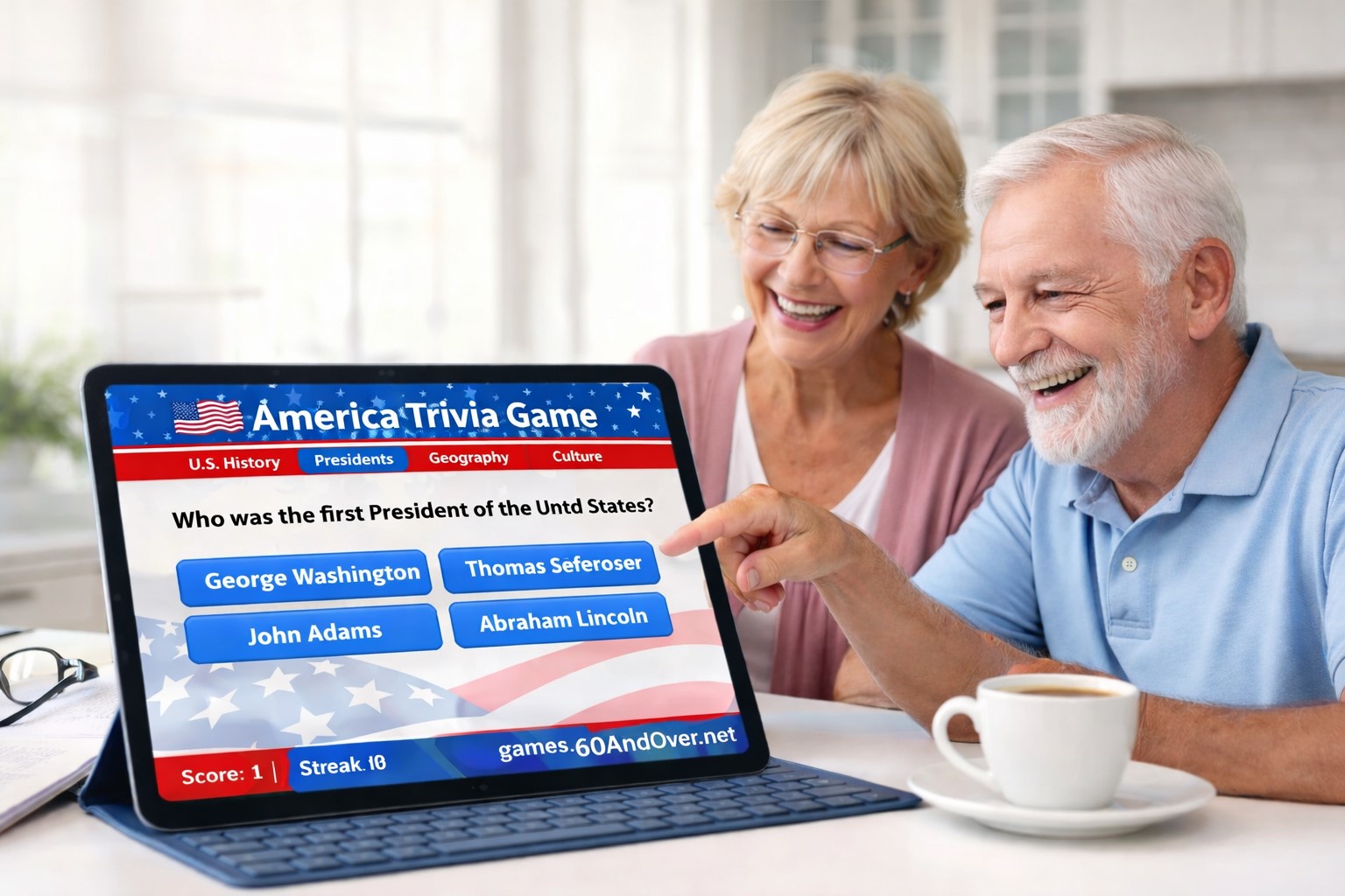 Seniors playing an America trivia quiz game on a tablet with large buttons and patriotic colors