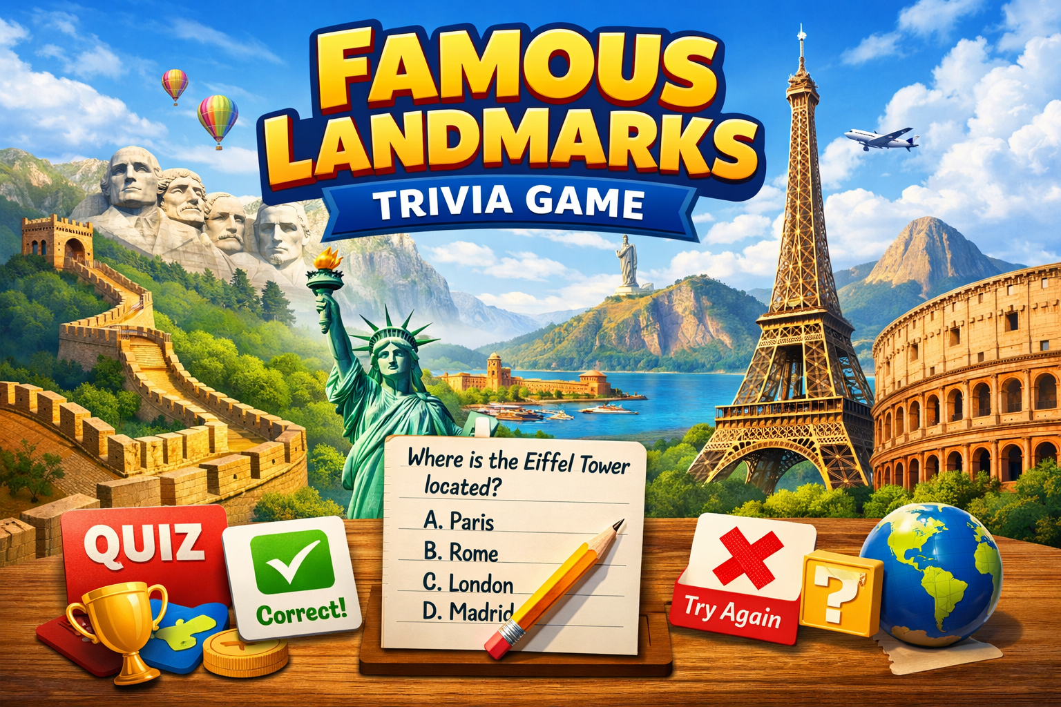 Famous landmarks trivia game featuring the Eiffel Tower, Statue of Liberty, Great Wall of China, and Colosseum