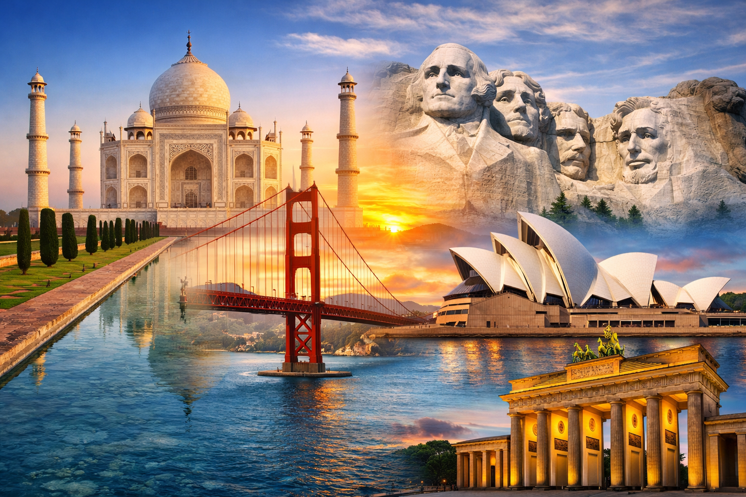 Collage of famous landmarks including Taj Mahal, Golden Gate Bridge, Sydney Opera House, Mount Rushmore, and Brandenburg Gate