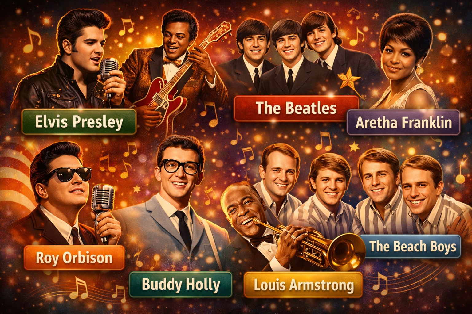 Legendary 1950s and 1960s music artists including Elvis Presley, The Beatles, Aretha Franklin, Buddy Holly, Roy Orbison, Louis Armstrong, and The Beach Boys