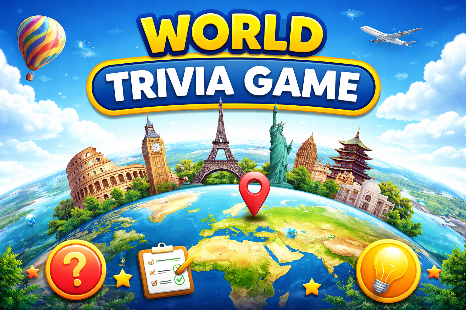 World Trivia Game featuring global landmarks and a globe quiz challenge