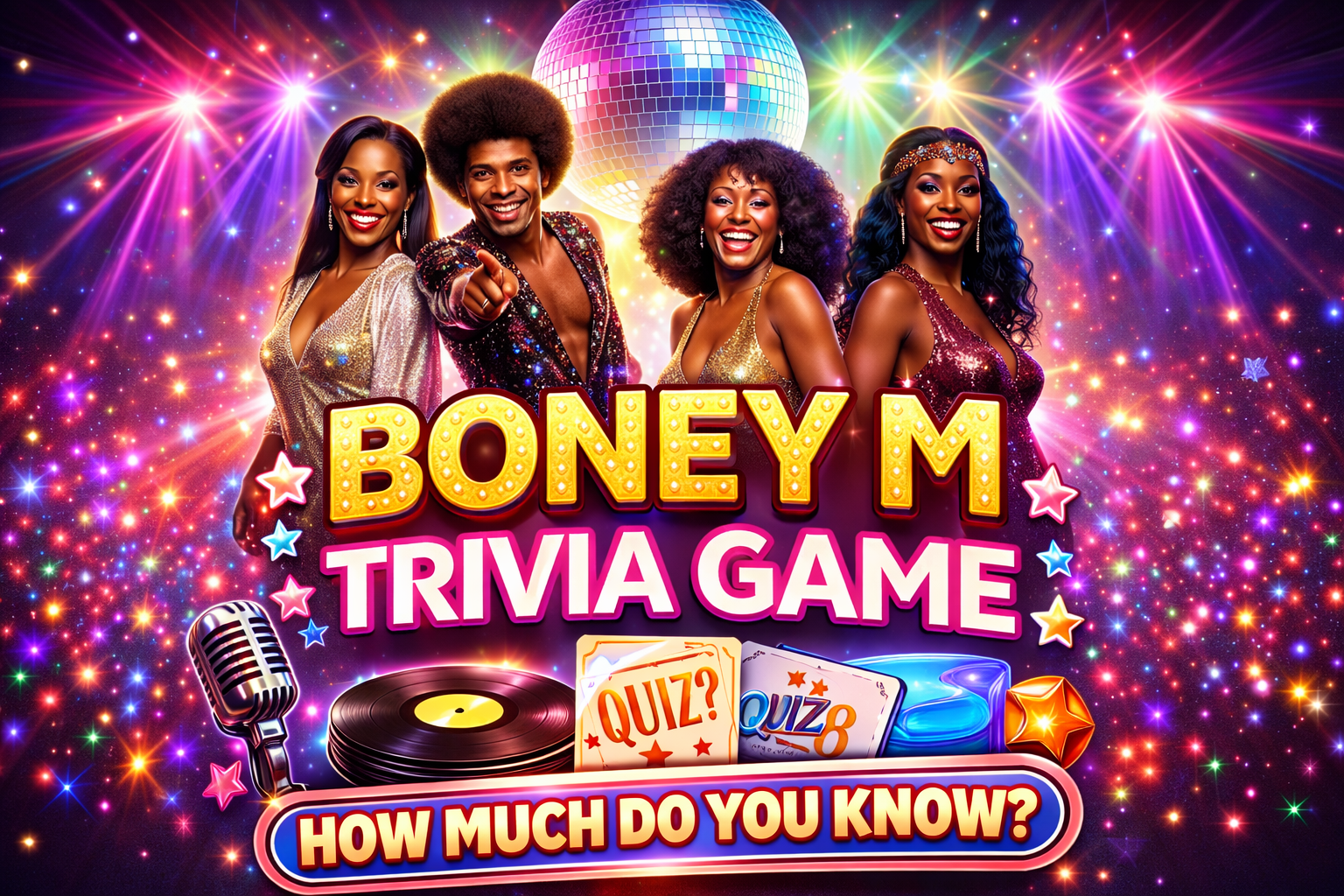 Boney M trivia game feature image showing a disco-style group scene with colorful lights and retro music theme